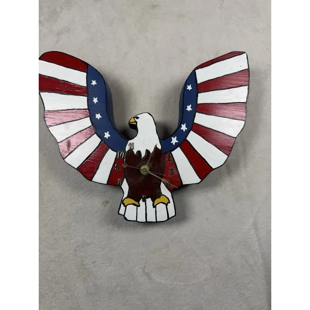 Giftco USA Wooden Patriotic Bald Eagle Quartz Wall Clock Hand Painted Americana